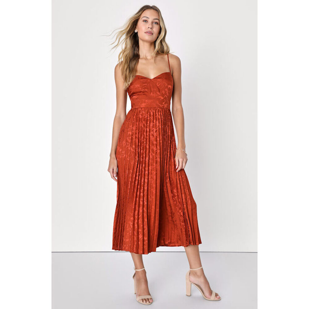 Lulus Regal Romance Rust Floral Jacquard Pleated Satin Midi Dress Orange
